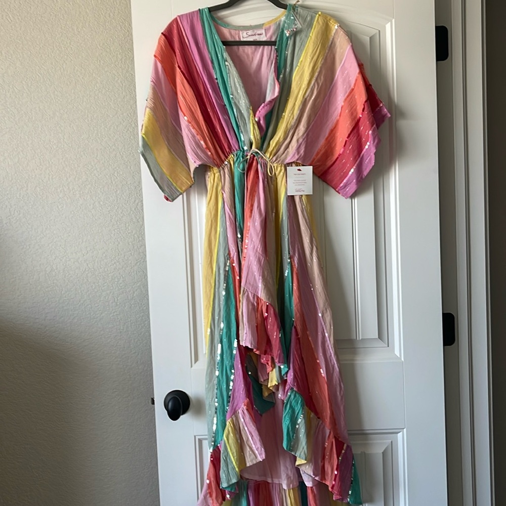 Sundress DEVA multicolor stripes and sequins kaftan dress